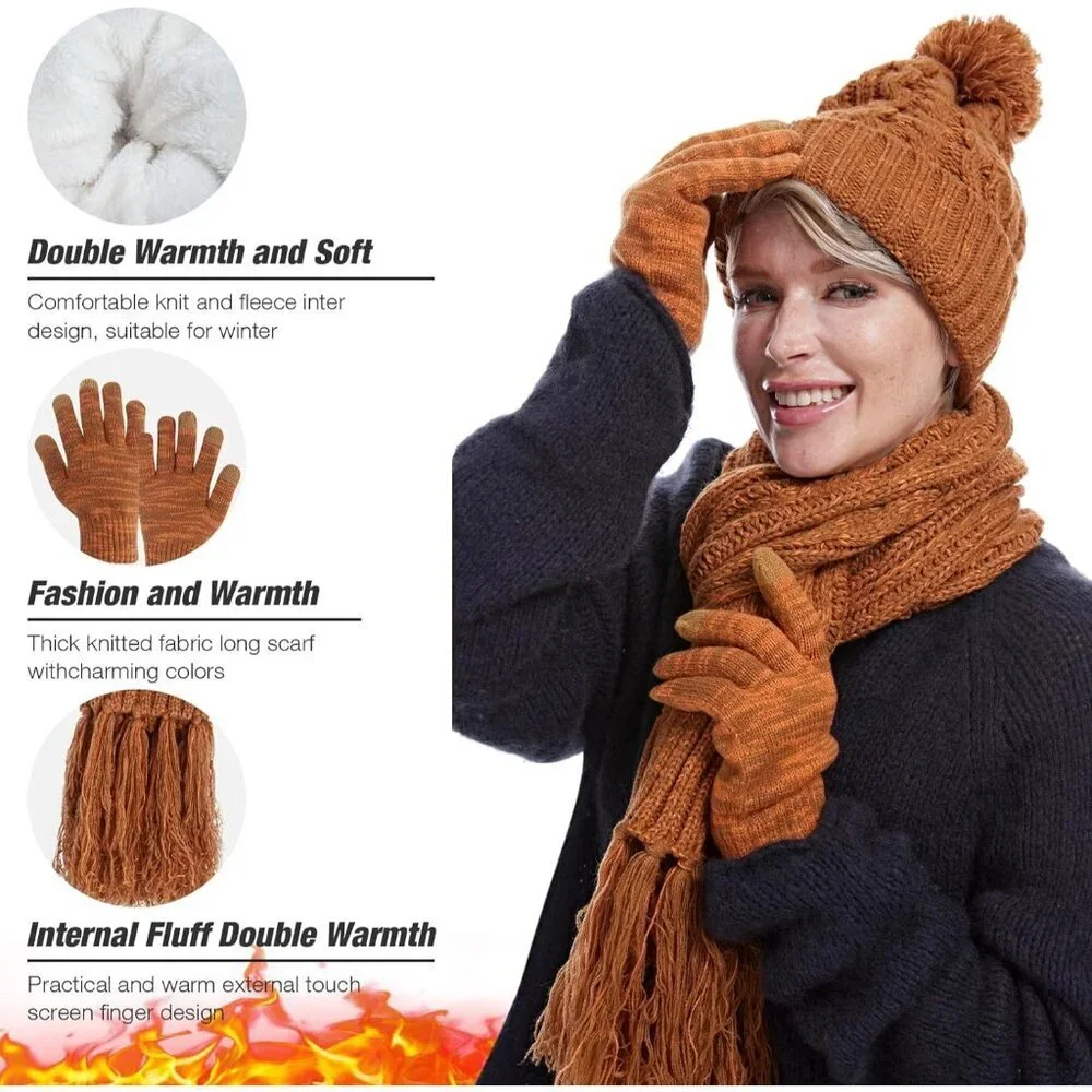 Womens Knit Beanie Hat Scarf Gloves Set Winter Warm Accessories for Cold Weather